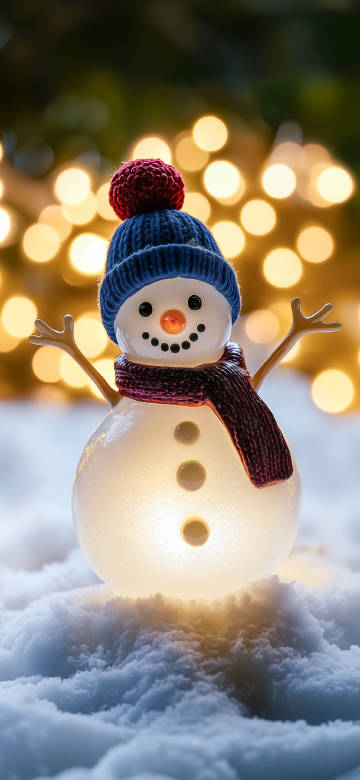 Adorable Snowman in Snow with Bokeh Lights 4K UHD Wallpaper