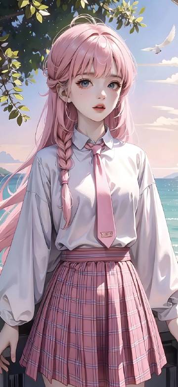 Pink-Haired Girl in Plaid Skirt 4K Phone Wallpaper