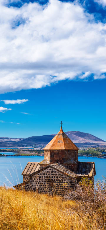 Armenian Stone Church and Mountain Lake Scenery Wallpaper