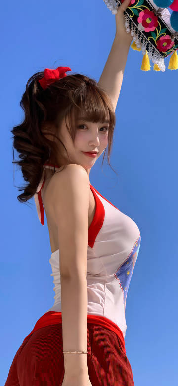 Cute Asian Girl Posing Under Clear Blue Sky 4K Wallpaper