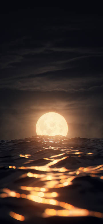A full moon slowly rises above the tranquil sea phone wallpaper