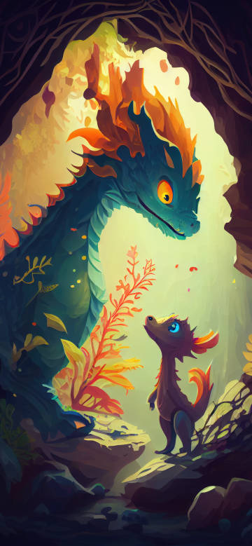 Cute Baby Dragon Meeting a Giant Fire Dragon 4K Illustration Wallpaper