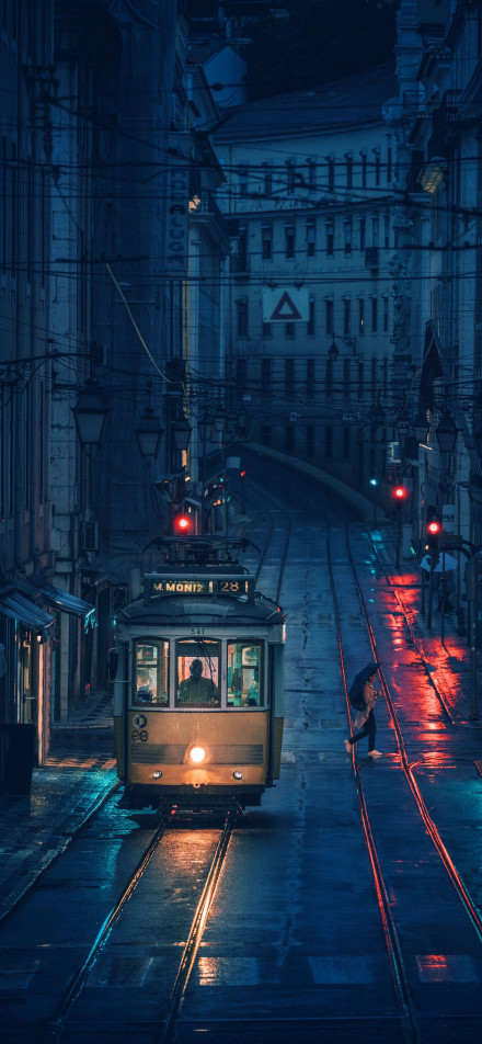 Tram 28 at Night in Lisbon City Street