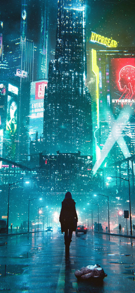 Cyberpunk neon girl's back wallpaper