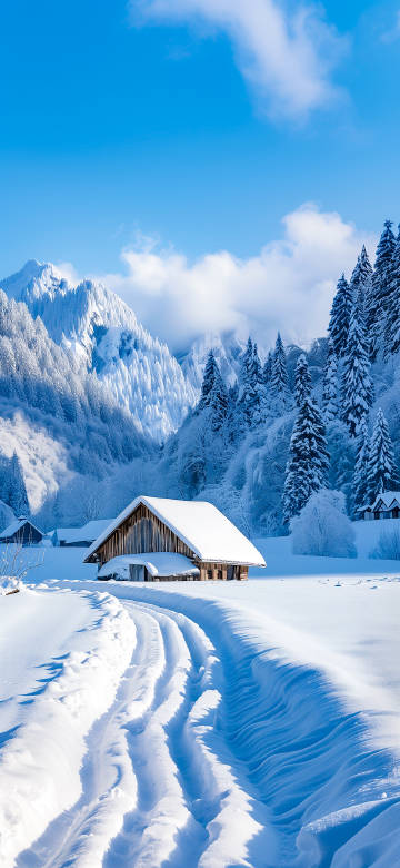 Beautiful Snowy Winter Landscape With Cabin 4K Wallpaper