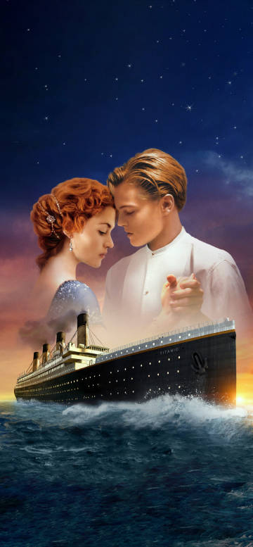 Jack and Rose Embracing Above the Titanic Ship 4K Phone Wallpaper