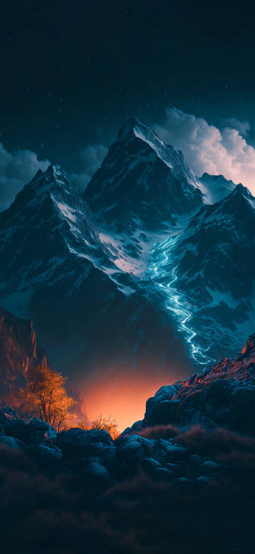 Breathtaking View of Snowy Mountains with Glowing Trails 4K Wallpaper