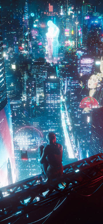 Cyberpunk wallpaper, rooftops, romance, neon city