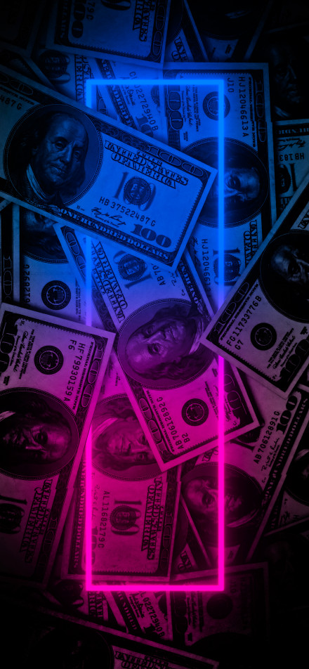 Hundred-dollar bills under neon light phone wallpaper