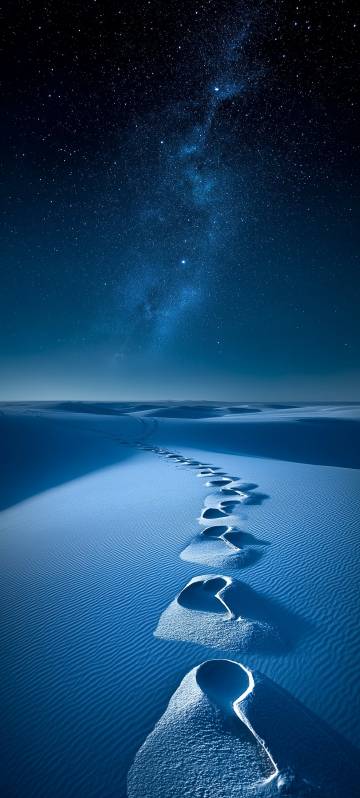Footprints on a White Sand Dune Under a Starry Sky Wallpaper