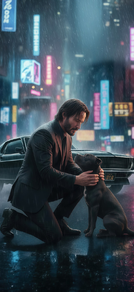 John Wick and Dog in Rain Cinematic HD Wallpaper