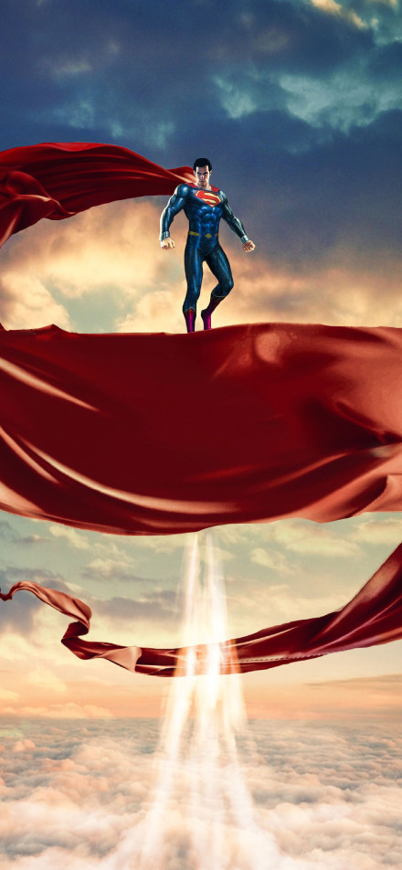 Superhero Superman Standing on a Red Cape Phone Wallpaper