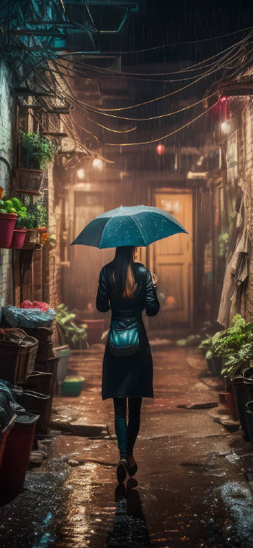 Lonely Woman in Rainy Alley Phone Wallpaper