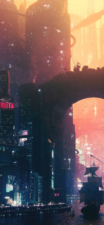 Cyberpunk Neon Megacity & Tall Ship Aesthetic Wallpaper