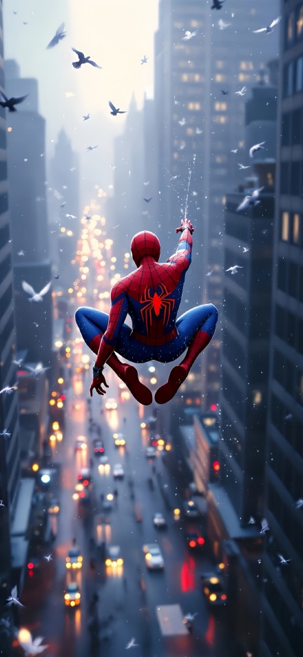 Spider-Man Swinging Through a Rainy City 4K Phone Wallpaper