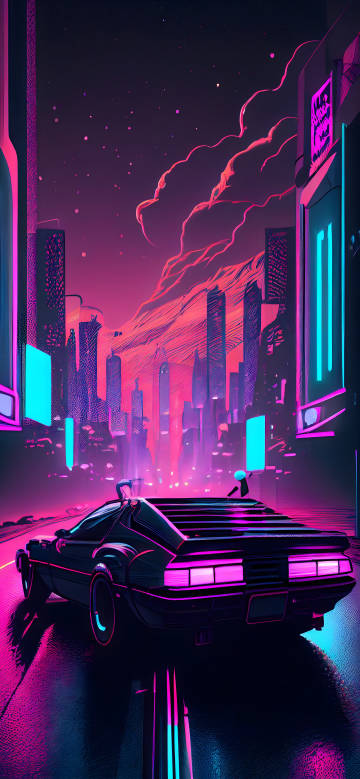 Retro Futuristic Car With Neon Lights At Night