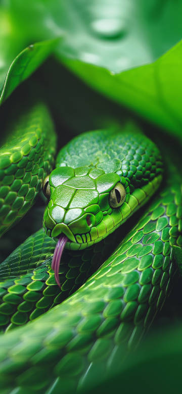 Close-up of Vibrant Green Snake in Lush Environment 4K Wallpaper