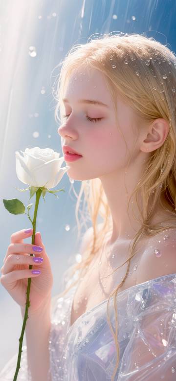 Blonde Girl Holding a White Rose in the Rain 4K Wallpaper