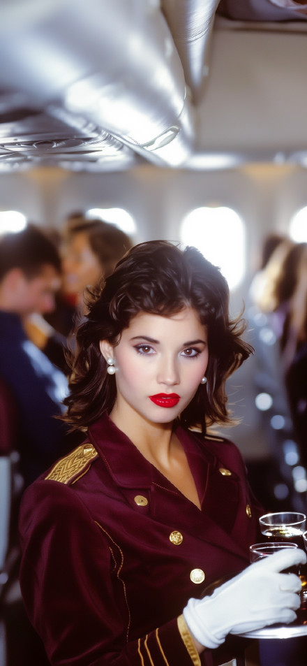 Vintage Flight Attendant in a Classic Airplane Cabin 4K UHD Wallpaper