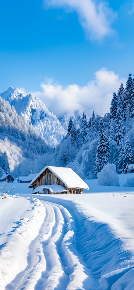 Beautiful Snowy Winter Landscape With Cabin 4K Wallpaper