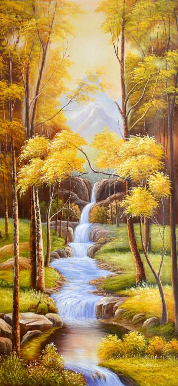 Golden Autumn Forest Waterfall Oil Painting Depth Effect 4K Wallpaper