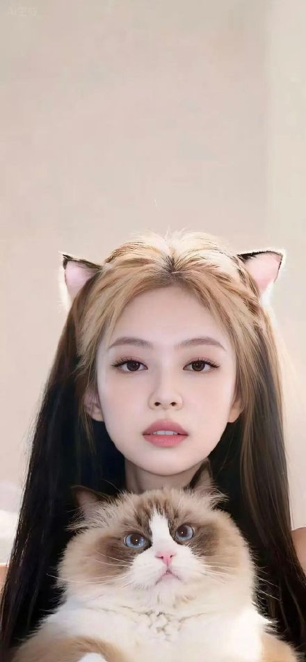 Cute Blackpink Jennie With Cat Ears And Ragdoll Kitten