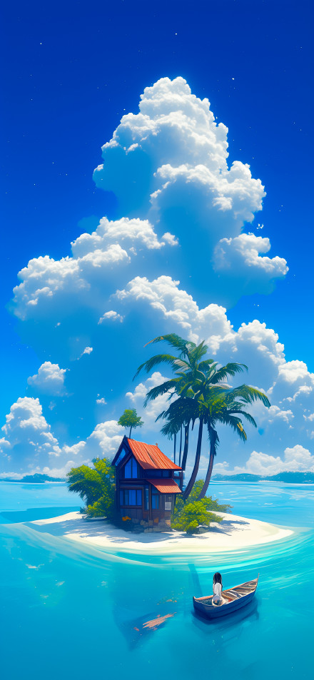 Beautiful Island Oasis with Boat and Lush Greenery 4K Phone Wallpaper