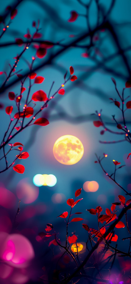 Vibrant Red Leaves Framing the Moon 4K Aesthetic Wallpaper