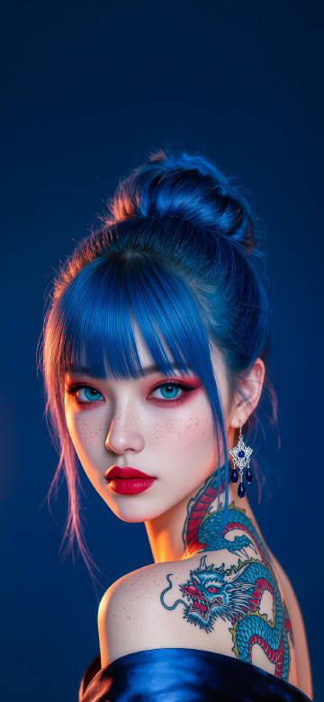Blue-Haired Beauty with Dragon Tattoo and Earrings 4K Wallpaper