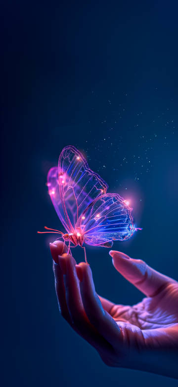 Glowing Neon Butterfly Resting On Hand 4K Wallpaper