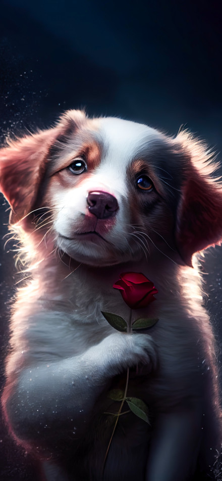 Cute puppy holding a rose wallpaper for phone
