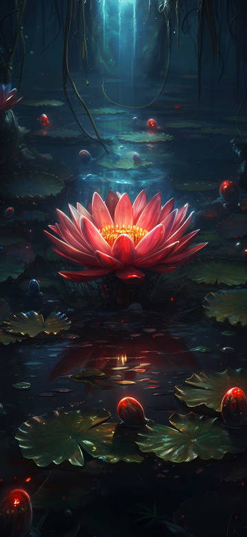Glowing Pink Water Lily In Dark Magic Forest 4K