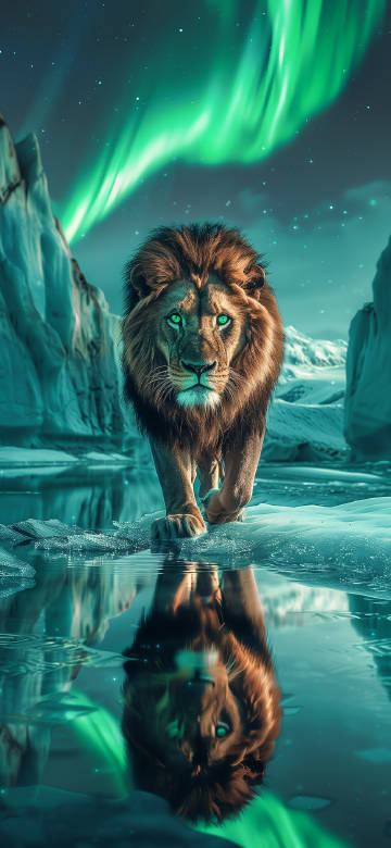 Majestic Lion Walking on Ice Under Northern Lights 4K Wallpaper