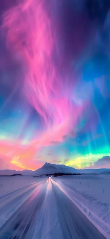Colorful Aurora Over Snowy Road 4K Phone Wallpaper