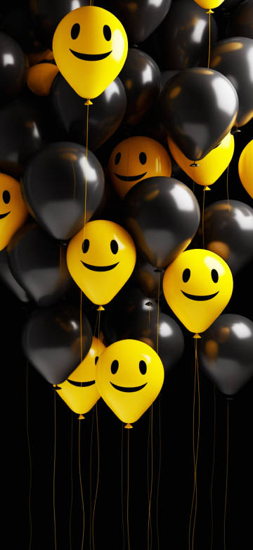 3D Glossy Yellow Smiley Balloons Dark Background