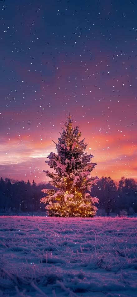 Snowfall Over Christmas Tree with Glowing Lights 4K Wallpaper