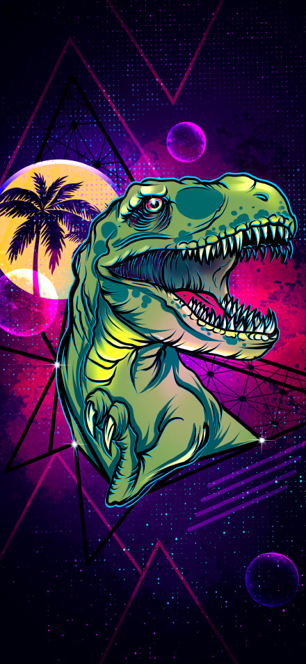 Colorful T-Rex Illustration Under Purple Sky Phone Wallpaper