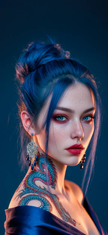 Beautiful Woman with Blue Hair and Dragon Tattoo 4K UHD Wallpaper