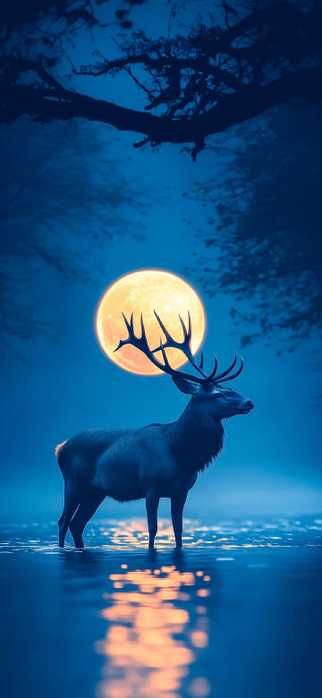Mystical Stag Standing In Water Under Full Moon 4K