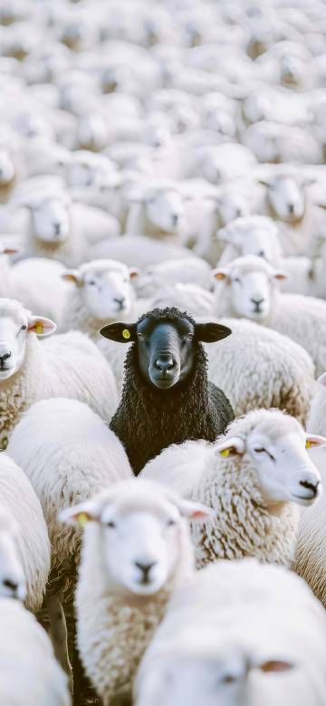 A striking black sheep among the white sheep phone wallpaper