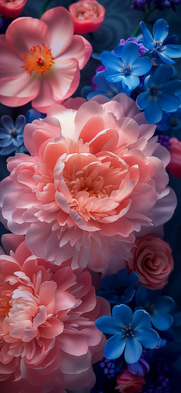 Vibrant Pink Peony and Blue Flowers 4K Wallpaper