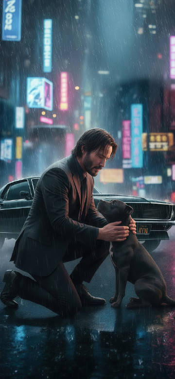 John Wick and Dog in Rain Cinematic HD Wallpaper