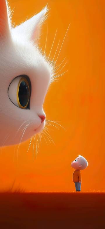 Big-Eyed White Cat Staring at a Little Boy 4K Wallpaper