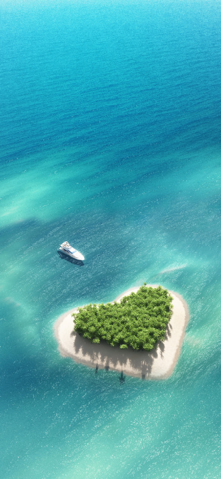 Aerial View of a Tropical Heart-Shaped Island with Boat 4K Wallpaper