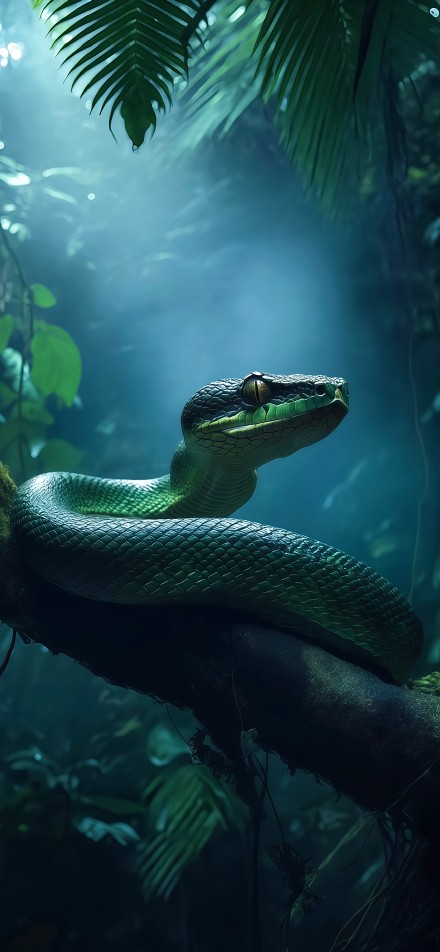 Green python coiled in a tree phone wallpaper