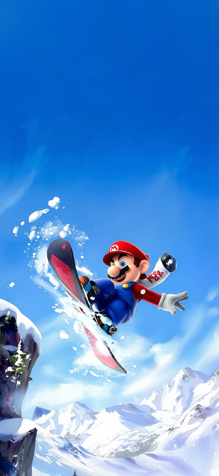 Mario Snowboarding in the Mountains 4K Wallpaper