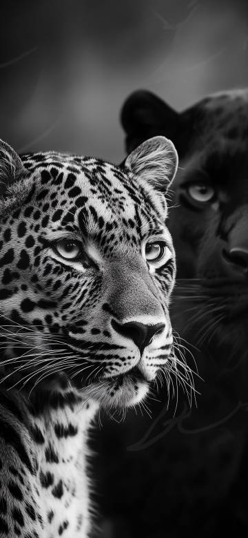 Monochrome Spotted Leopard and Black Panther Portrait 4K Wallpaper