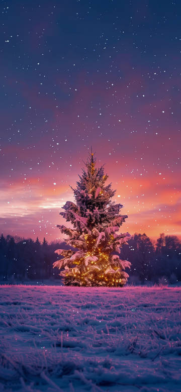 Snowfall Over Christmas Tree with Glowing Lights 4K Wallpaper