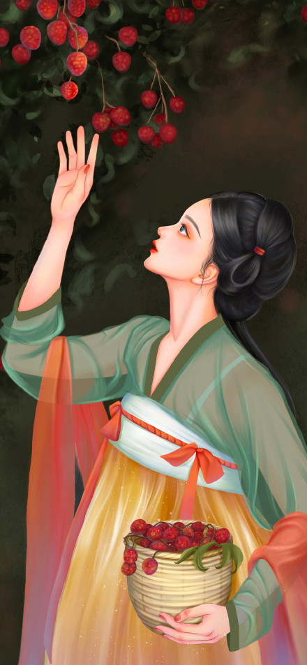 Beautiful Ancient Chinese Girl Picking Lychees Illustration