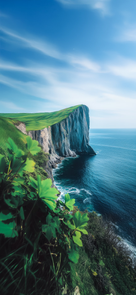 Majestic Green Cliff Edge Over Blue Ocean 4K Wallpaper